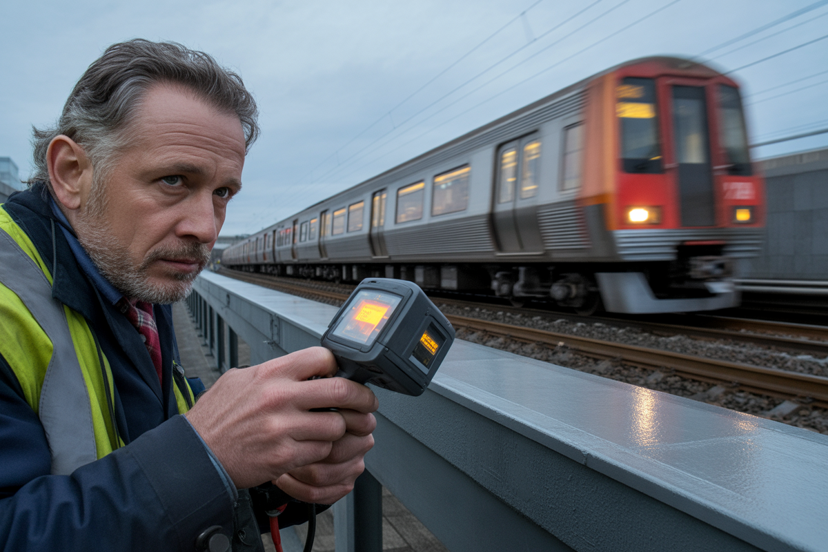 Un homme en gilet de sécurité utilise un radar près de la voie, tandis qu'un train passe rapidement à côté.