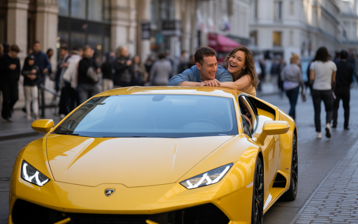 Un couple souriant est assis dans une Lamborghini jaune, entouré de passants dans une rue animée.