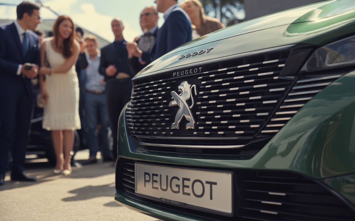Logo de la voiture Peugeot au premier plan, avec une foule d'invités admirant le véhicule en arrière-plan lors d'un événement.