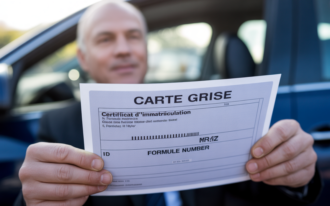 Homme tenant un certificat d'immatriculation intitulé "CARTE GRISE" devant une voiture. Arrière-plan flou.