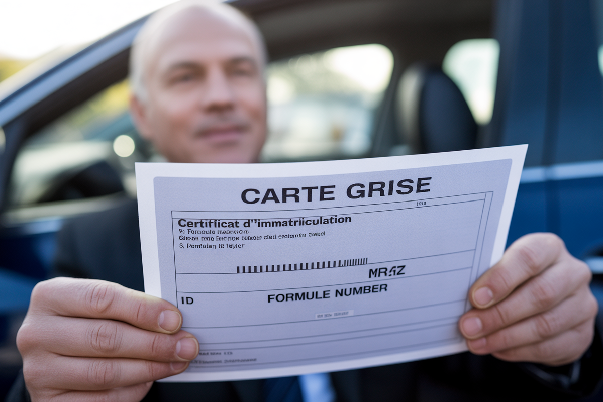Homme tenant un certificat d'immatriculation intitulé "CARTE GRISE" devant une voiture. Arrière-plan flou.