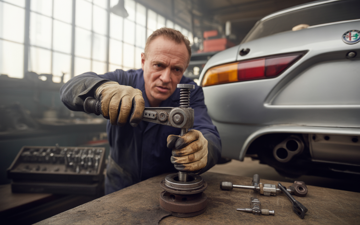 Un mécanicien, ganté, utilise une clé pour réparer une pièce de voiture dans un garage. Des outils sont visibles sur la table.