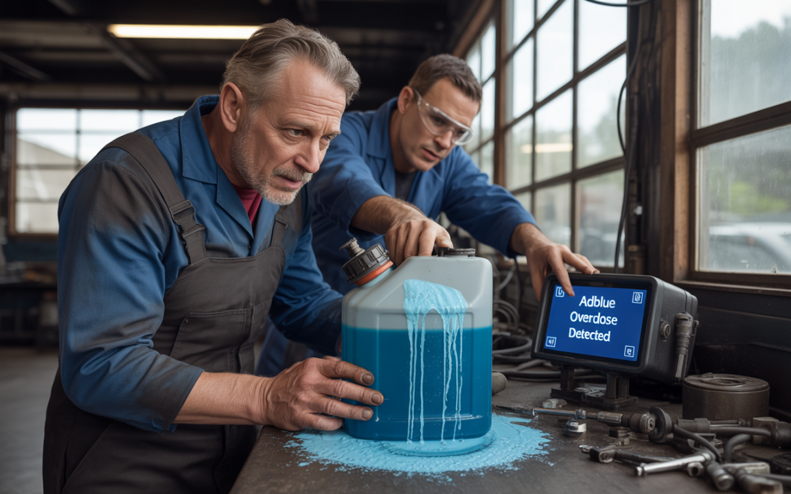 Deux mécaniciens portent des bleus de travail, examinant un bidon de liquide bleu ayant débordé, avec un écran affichant "Adblue Overdose Detected".