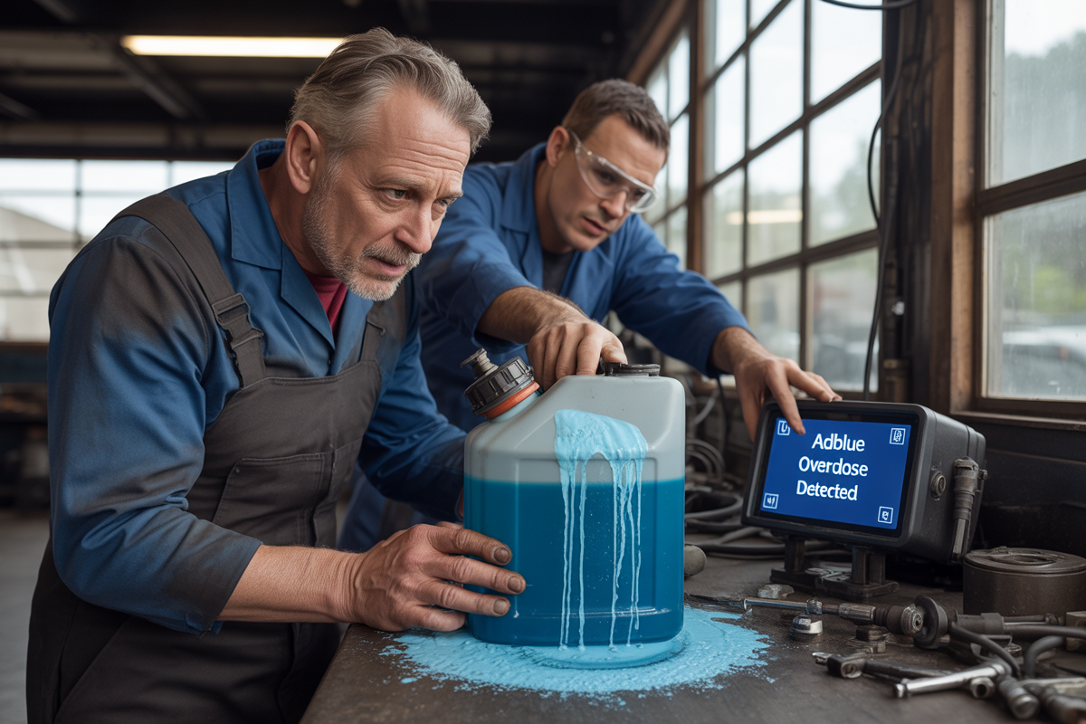 Deux mécaniciens portent des bleus de travail, examinant un bidon de liquide bleu ayant débordé, avec un écran affichant "Adblue Overdose Detected".