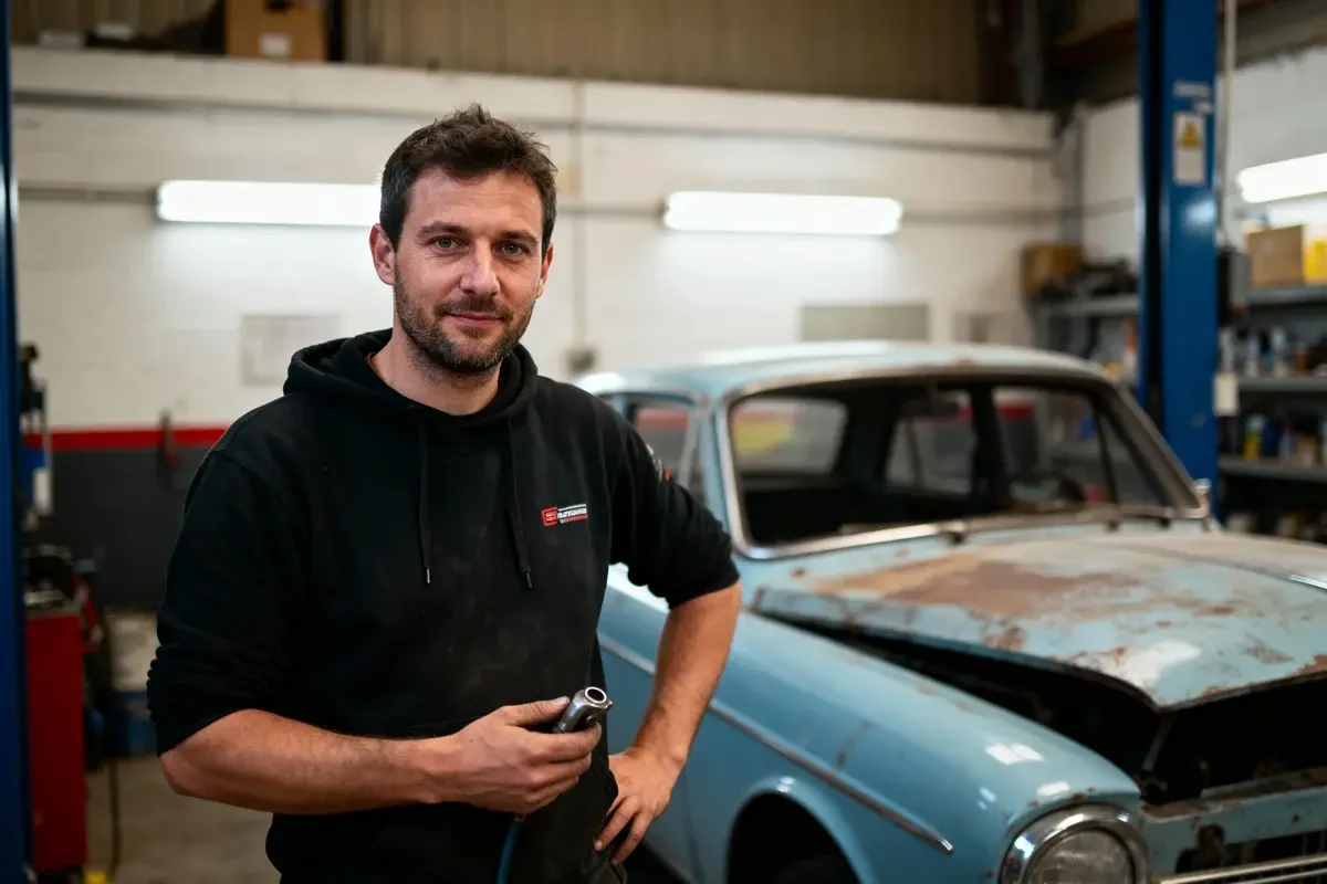 Homme dans un atelier mécanique, tenant un outil, devant une vieille voiture bleue, capot rouillé.