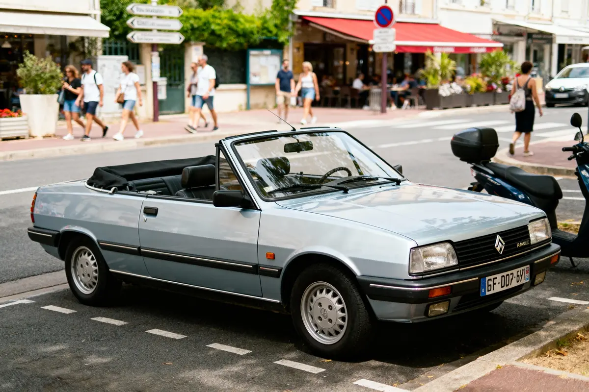 Voiture décapotable grise Renault stationnée en ville, piétons floues en arrière-plan.
