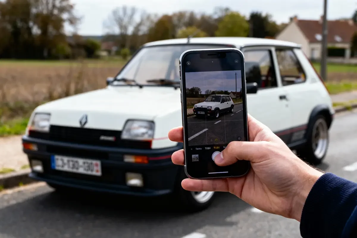 Une main photographiant une Renault 5 sur une route avec un smartphone. Arrière-plan flou, ciel nuageux.