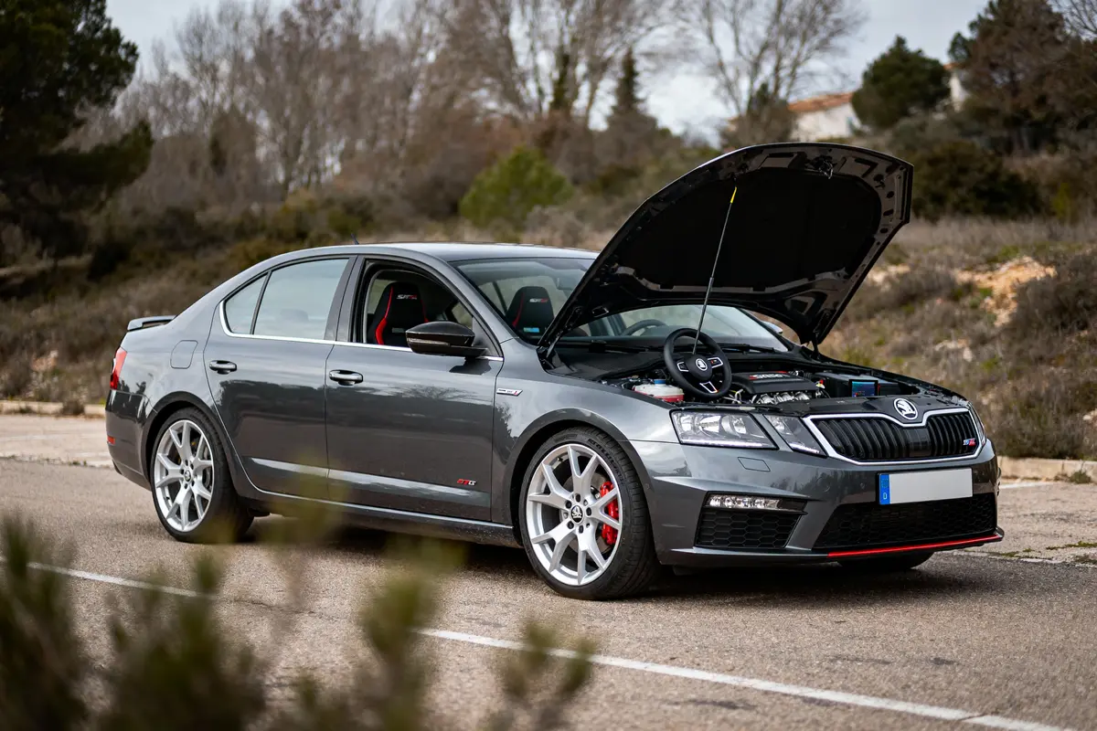 Voiture grise avec capot ouvert, volant à l'intérieur, stationnée en extérieur. Fond arboré.