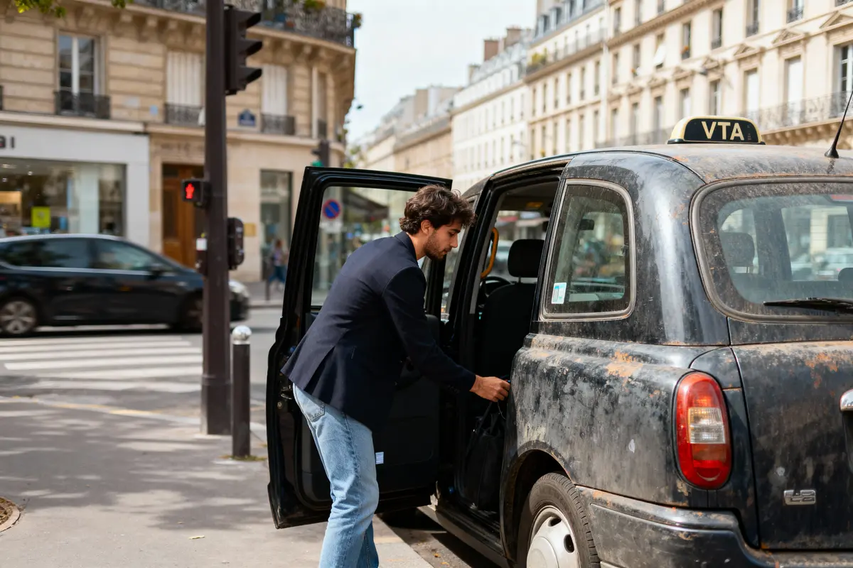 Homme montant dans un taxi noir, rue de ville européenne, bâtiments en arrière-plan.