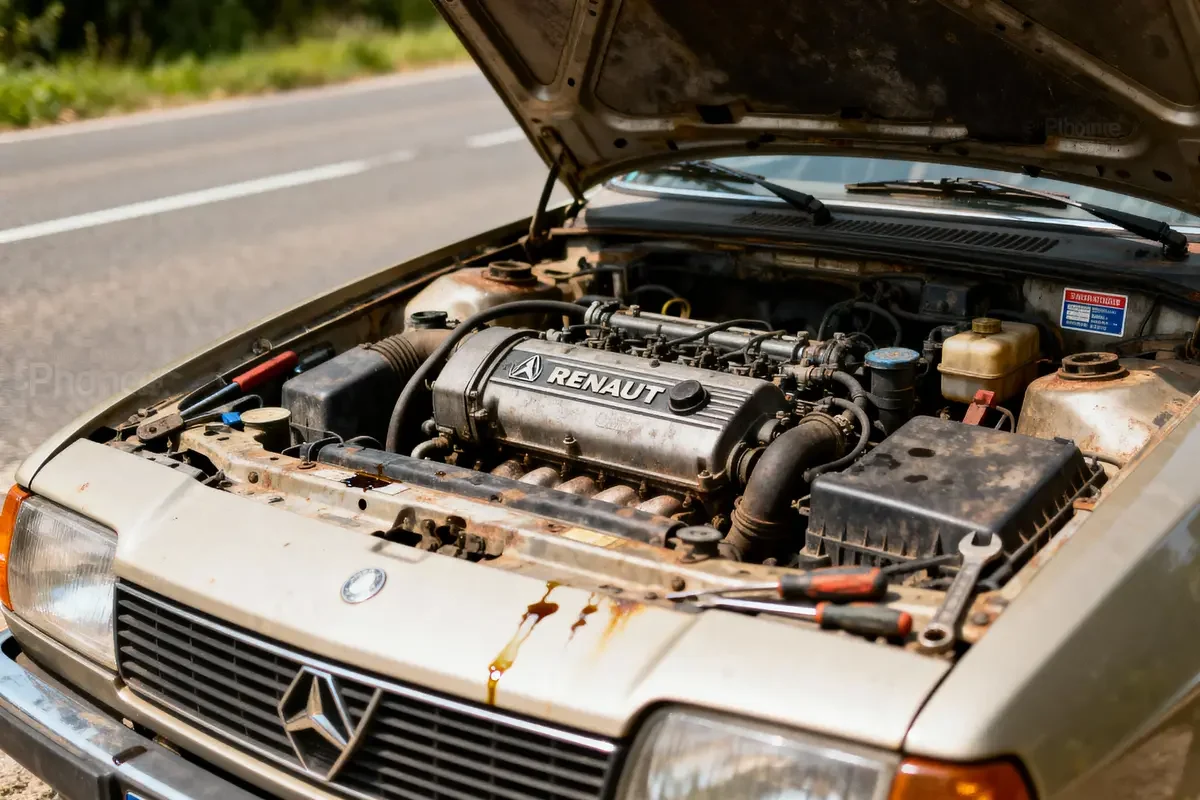 Moteur Renault exposé sous un capot ouvert, outils visibles, véhicule arrêté sur le bord de la route.