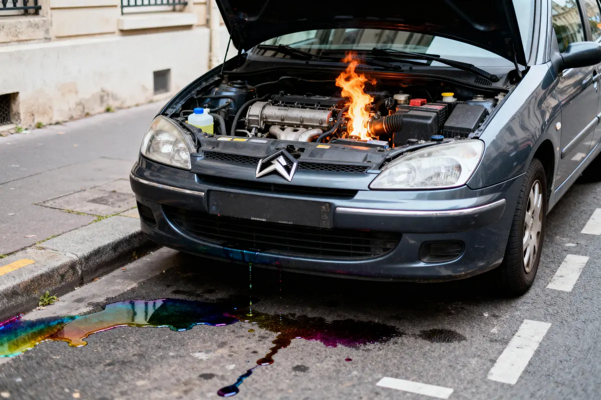 Voiture avec capot ouvert, moteur en feu, liquide coloré coulant sur la rue, stationnée près d'un trottoir.