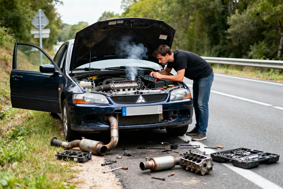 Homme réparant une voiture en panne sur la route, capot ouvert, pièces détachées au sol.