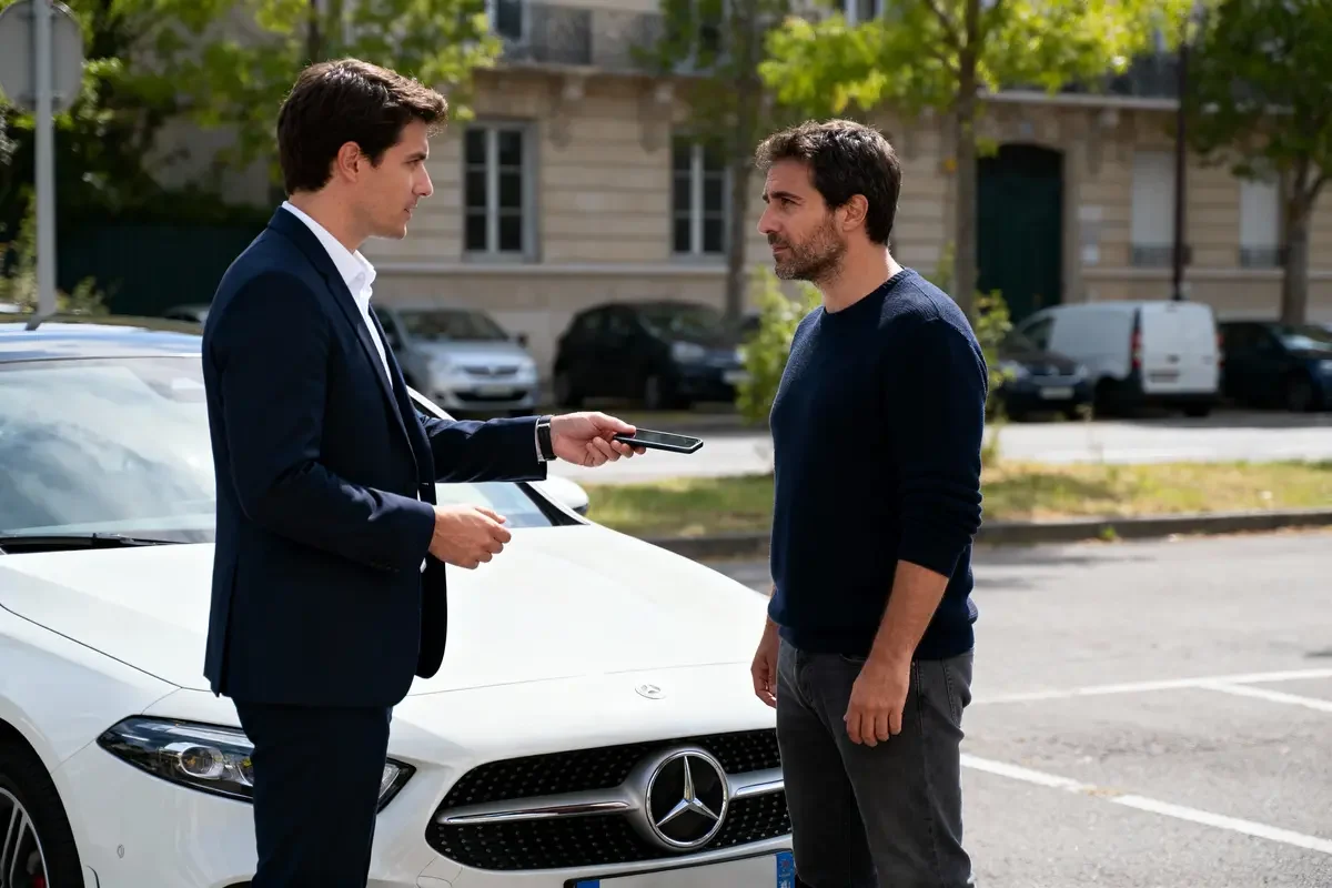 Deux hommes discutant près d'une voiture blanche garée dans la rue, échangeant un téléphone portable.