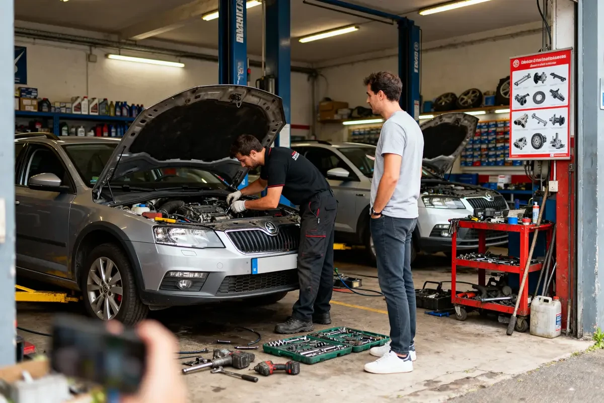 Mécanicien répare une voiture dans un garage, outils et pièces visibles autour. Un homme observe.