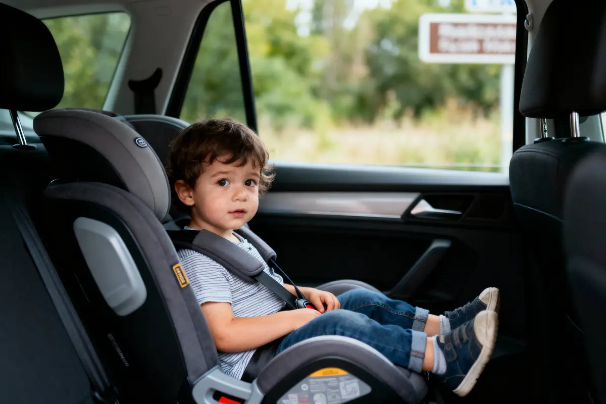 Jeune enfant assis dans un siège auto à l'intérieur d'une voiture, portant des vêtements décontractés.
