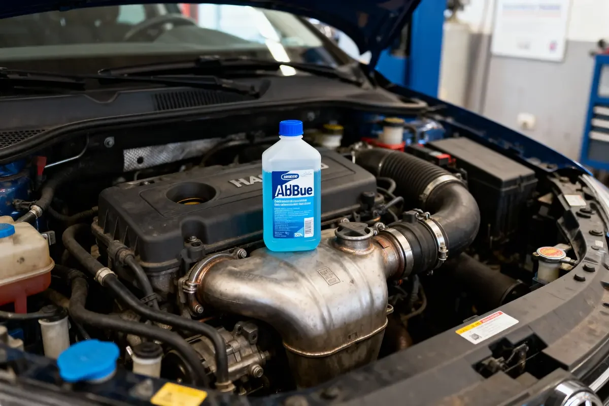 Bouteille de liquide AdBlue posée sur le moteur d'une voiture dans un garage.