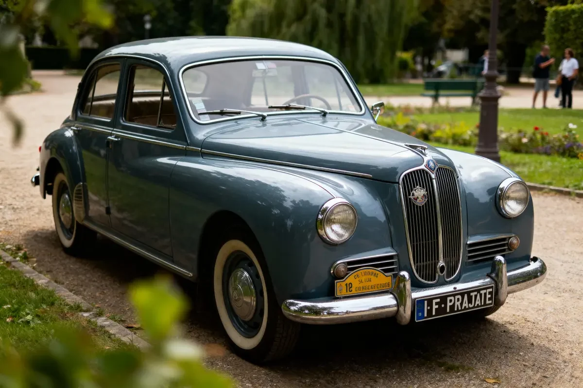 Voiture ancienne bleue garée dans un parc, avec plaque et arbres en arrière-plan.