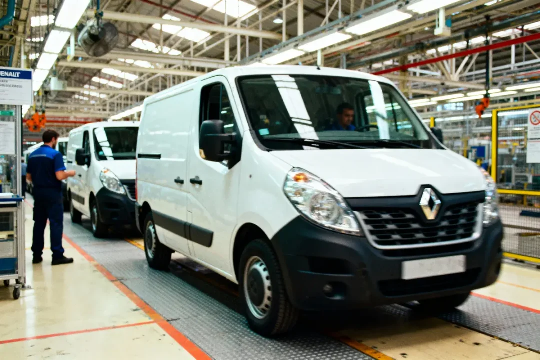 Usine automobile avec des véhicules utilitaires blancs Renault sur une chaîne de montage, employés visibles en arrière-plan.