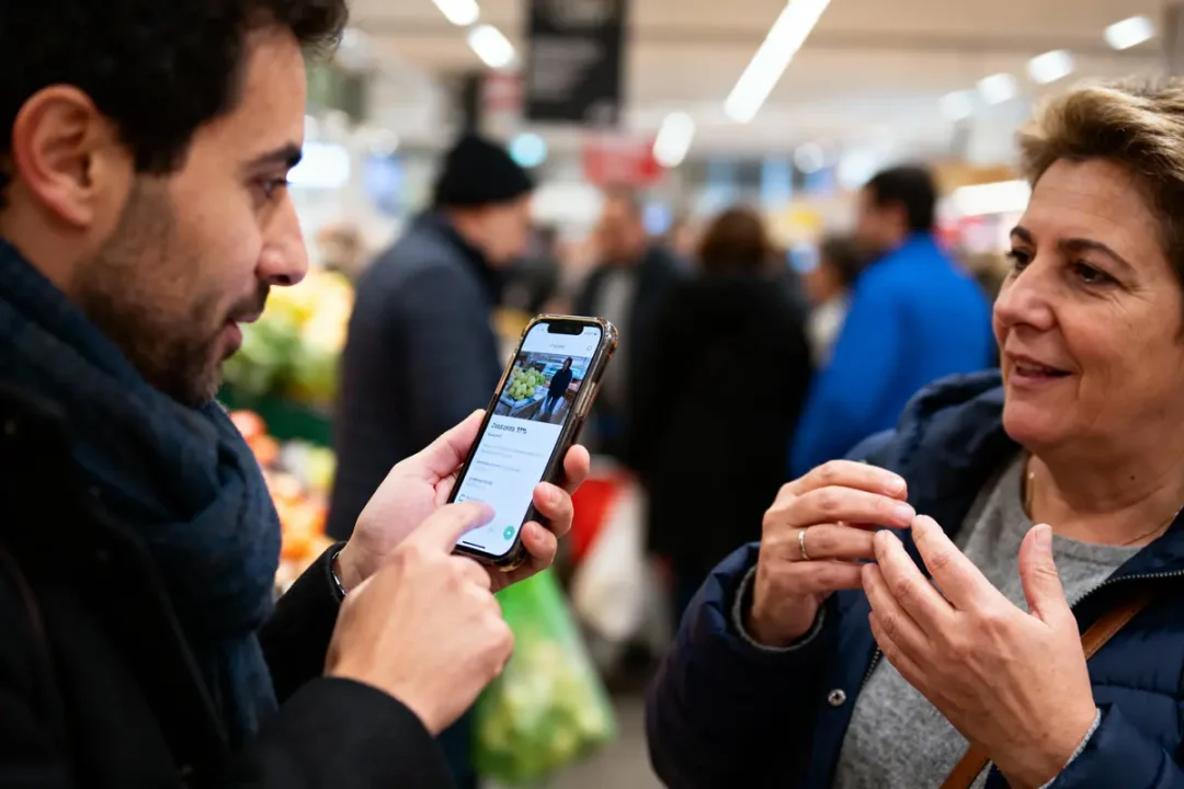 Deux personnes discutent dans un supermarché, l'une montrant un smartphone. Arrière-plan flou avec autres clients.