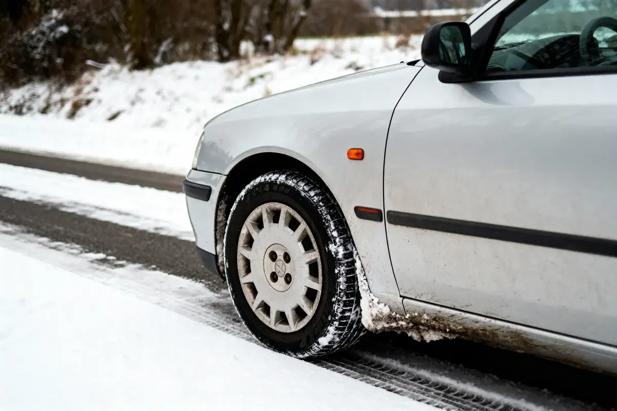 Voiture argentée sur une route enneigée, pneus couverts de neige, arbres en arrière-plan.