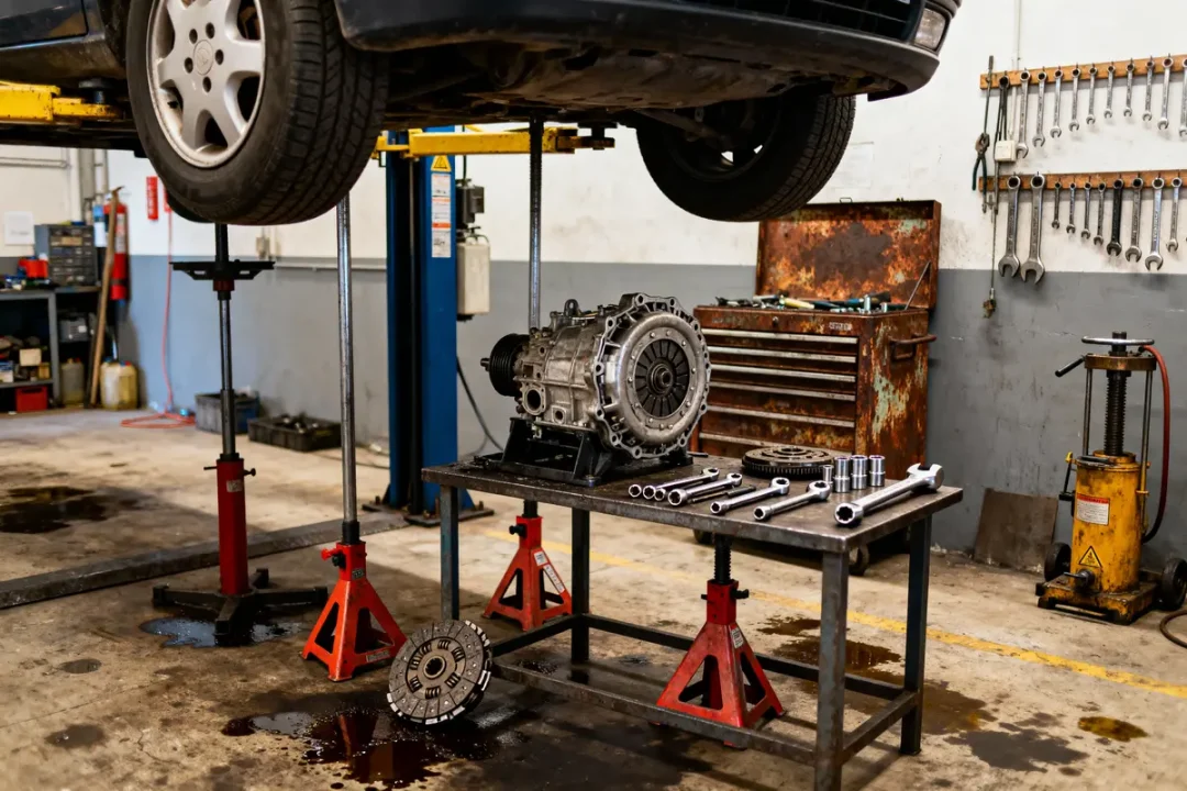 Voiture surélevée dans un garage, boîte de vitesses démontée sur table avec outils autour.