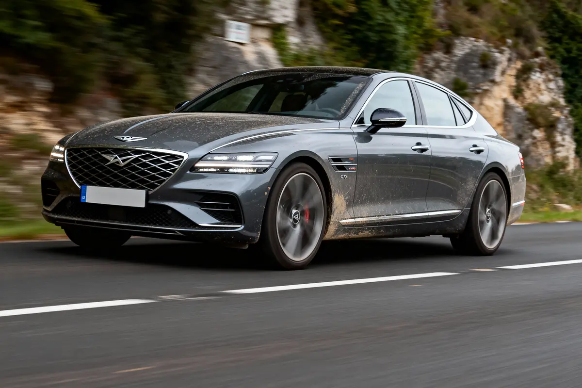 Voiture berline grise roulant rapidement sur une route, carrosserie légèrement sale, arrière-plan flou.