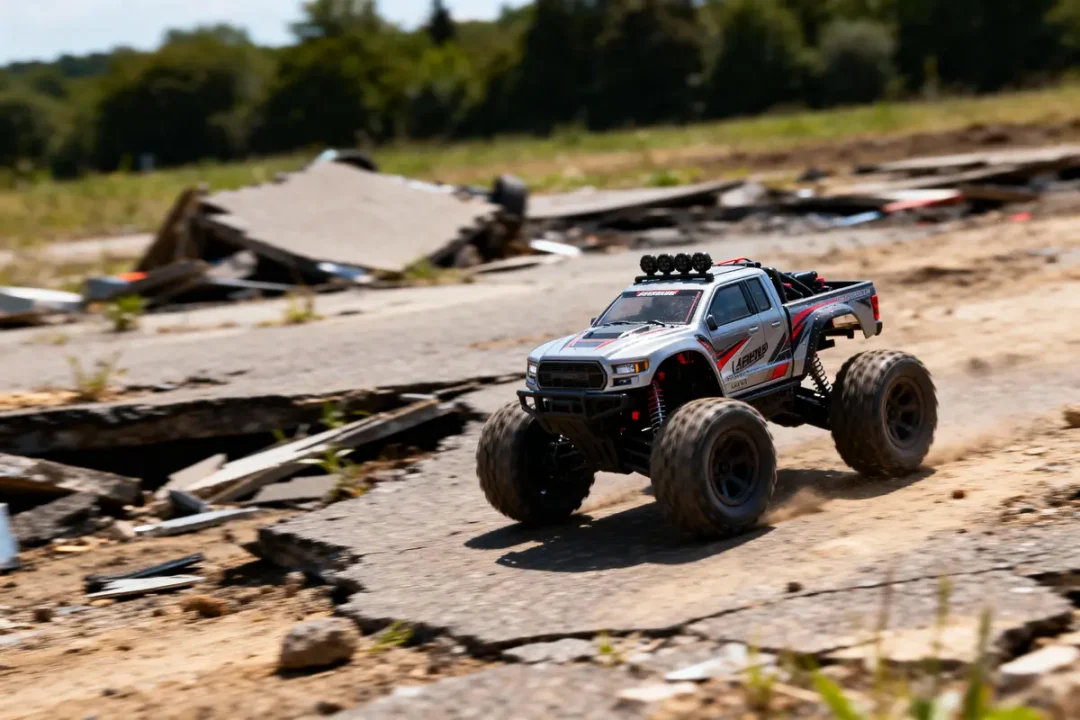 Voiture télécommandée tout-terrain sur un terrain rugueux avec débris et végétation en arrière-plan.