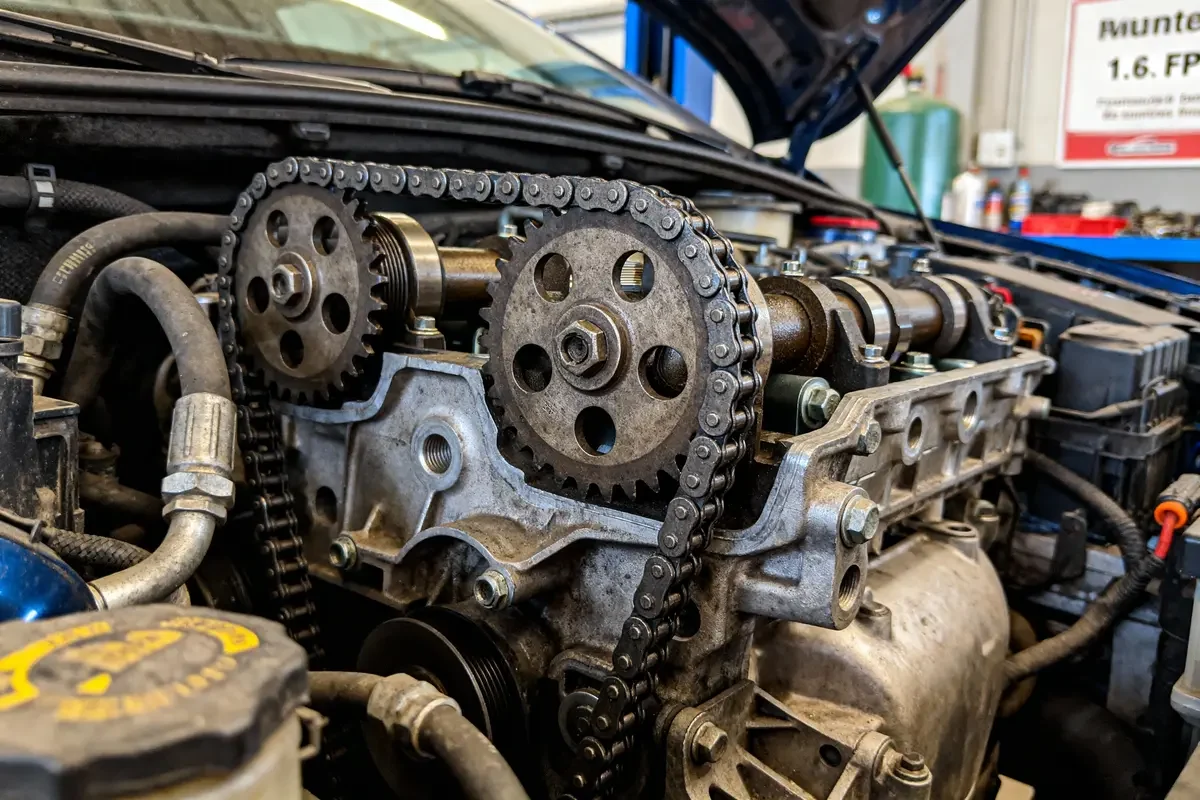 Moteur de voiture détaillé avec courroie de distribution en gros plan, capot ouvert dans un atelier mécanique.