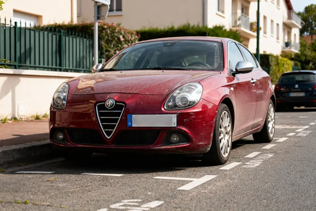 Voiture rouge Alfa Romeo stationnée dans la rue, à côté d'un trottoir et de maisons.