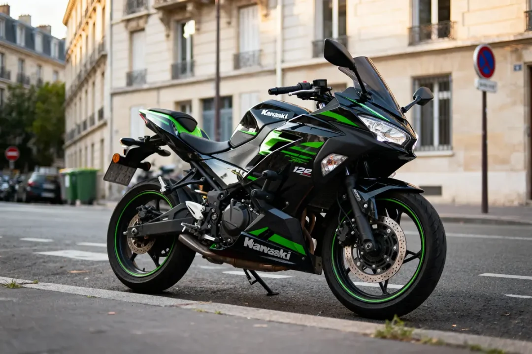 Moto Kawasaki noire et verte garée en ville, bâtiments résidentiels en arrière-plan.