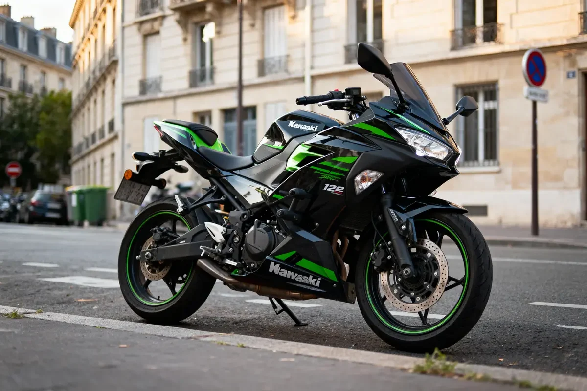 Moto Kawasaki noire et verte garée en ville, bâtiments résidentiels en arrière-plan.