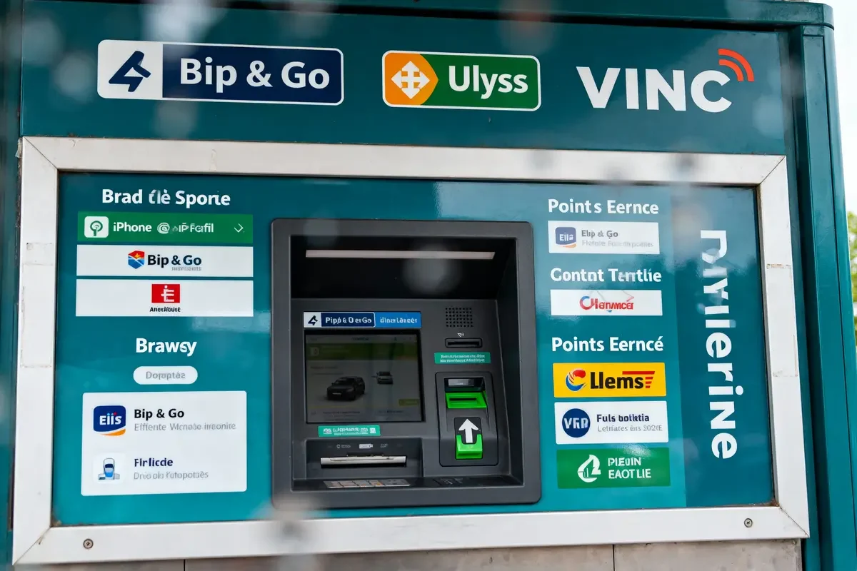 Borne de péage Bip & Go verte avec logos et écran interactif pour divers services et paiements.