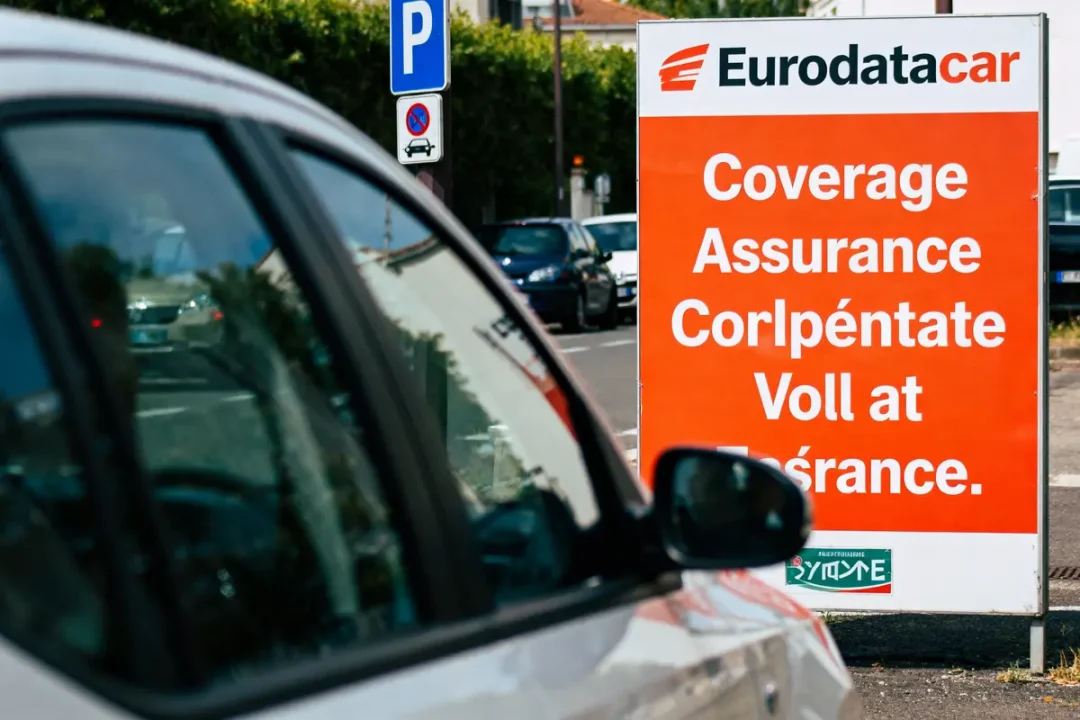 Voiture stationnée près d'un panneau d'assurance auto "Eurodatacar" rouge et blanc dans une rue.
