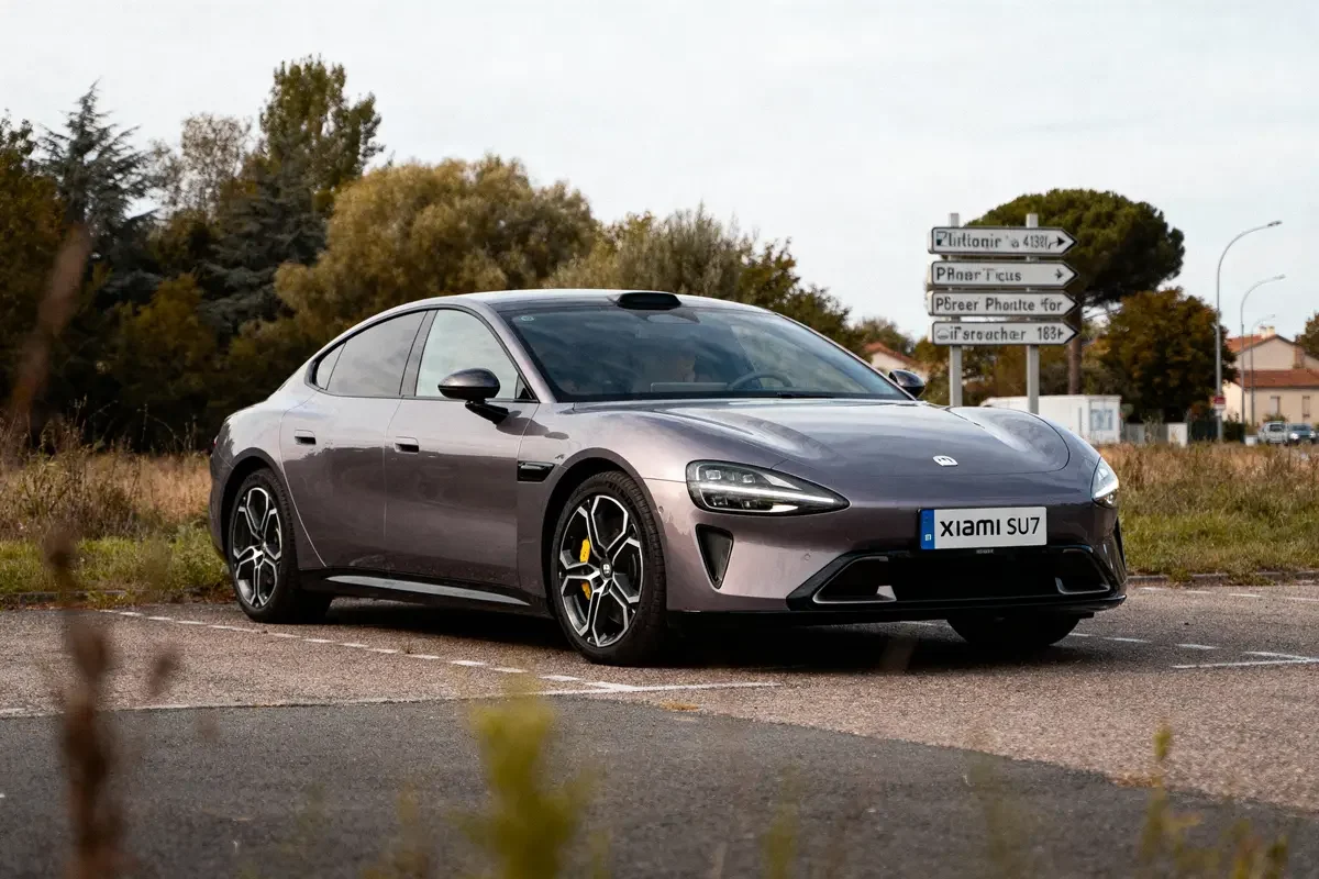 Voiture grise moderne stationnée sur la route, arbres et panneaux directionnels en arrière-plan.