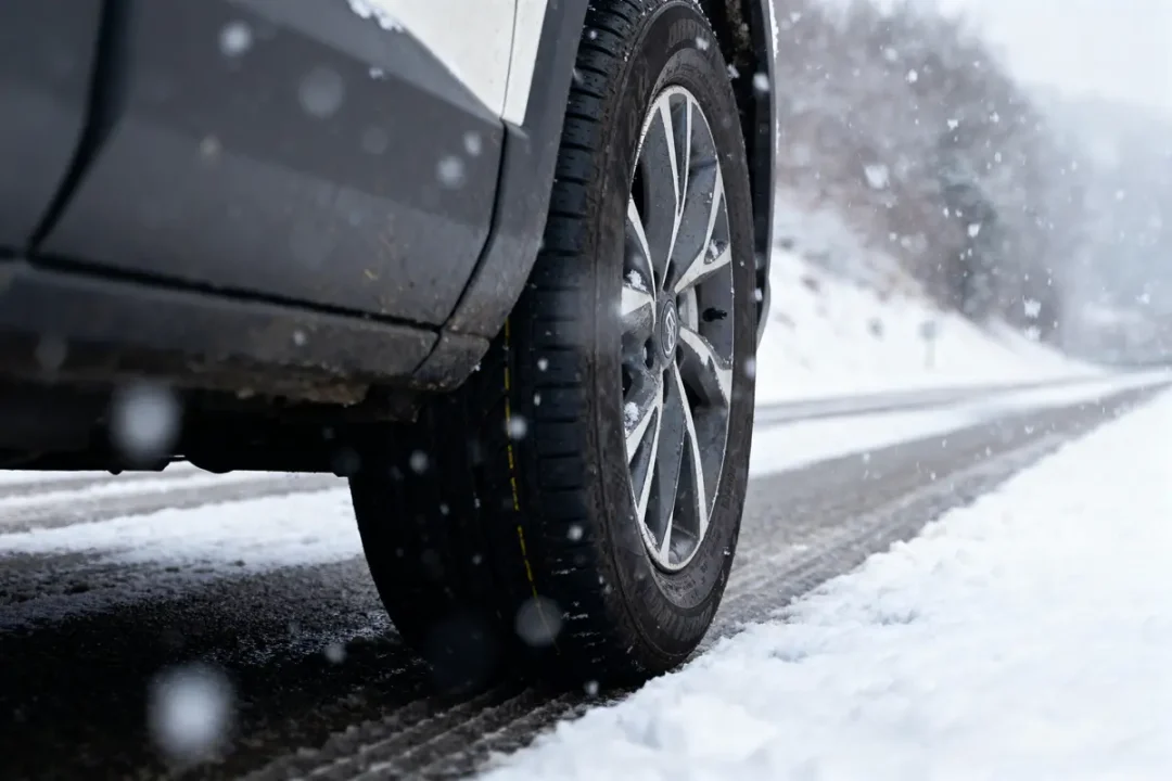 Gros plan de pneu de voiture avec neige sur la bande de roulement, route enneigée en arrière-plan.