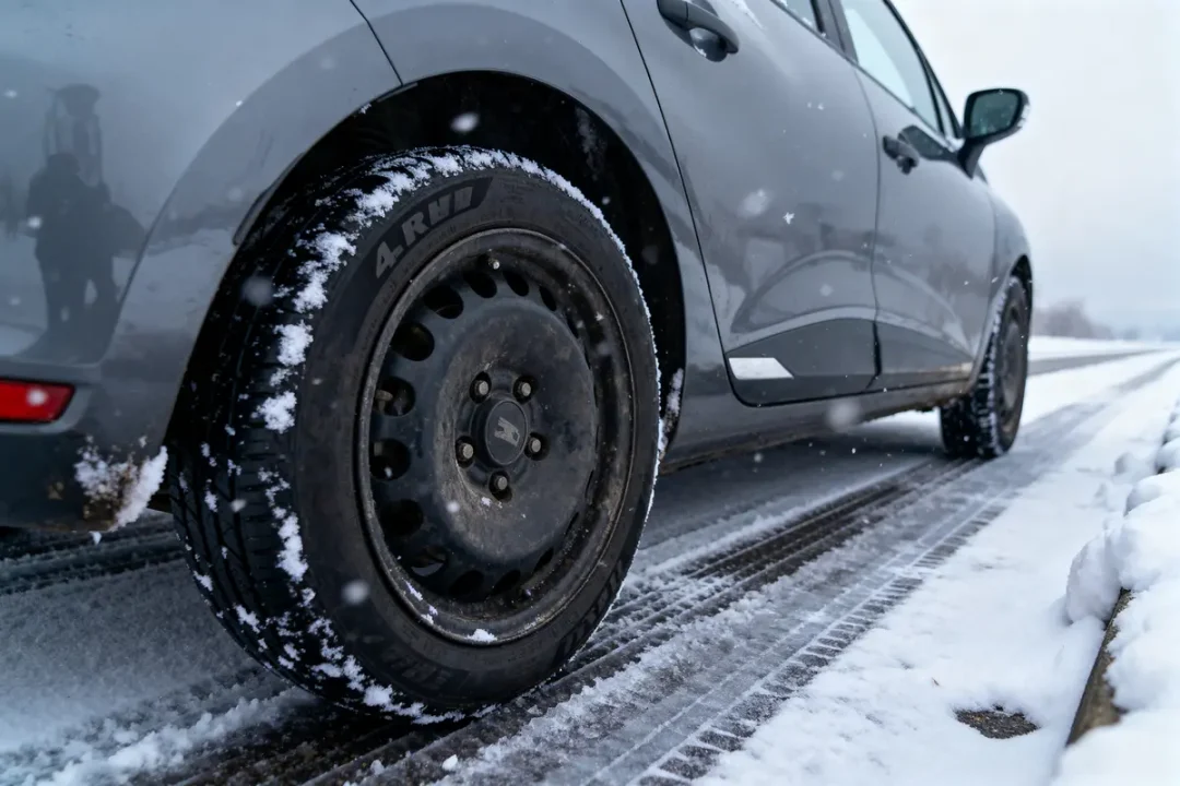 Voiture grise sur route enneigée avec pneus adaptés à la neige visibles.