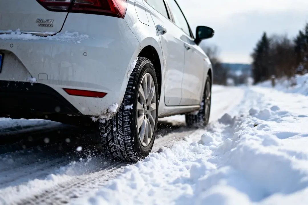 Voiture blanche roulant sur route enneigée, vue arrière, pneus hiver visibles.