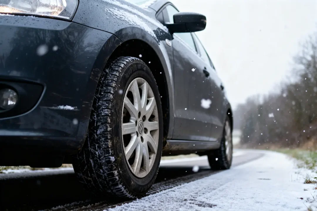 Voiture noire roulant sur route enneigée par temps neigeux, gros plan sur les pneus.