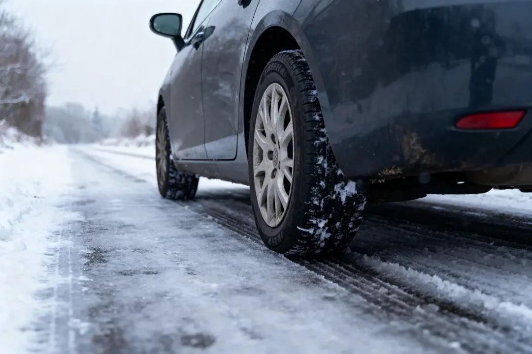 Voiture grise roulant lentement sur une route enneigée et glacée, environnement hivernal.