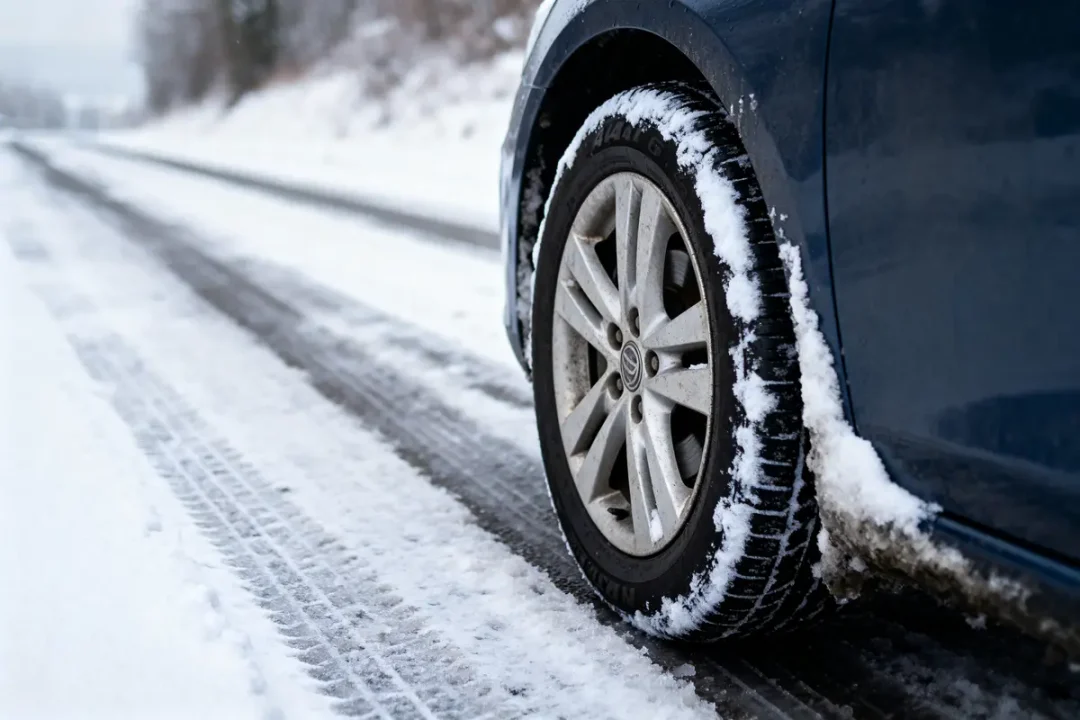Roue de voiture sur route enneigée en hiver, traînées visibles sur la neige.