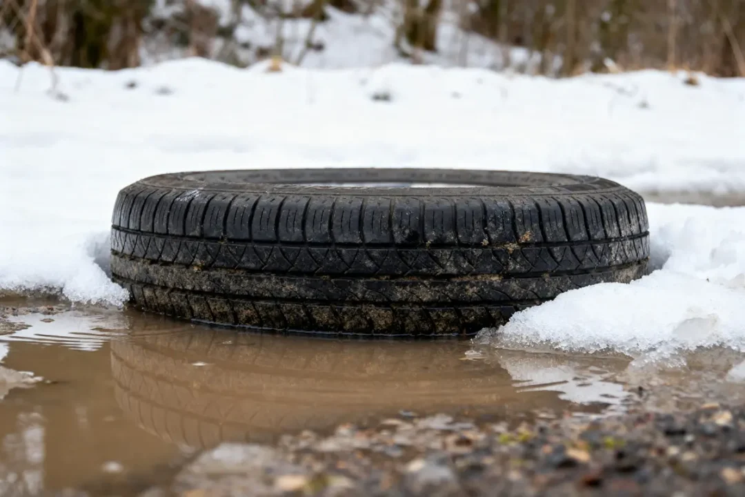 Pneu abandonné sur sol enneigé, entouré d'eau et de neige fondante.