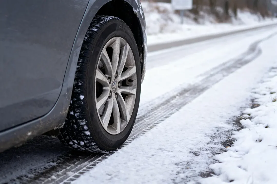 Voiture grise sur route enneigée, gros plan pneu hiver, traces visibles sur la neige.