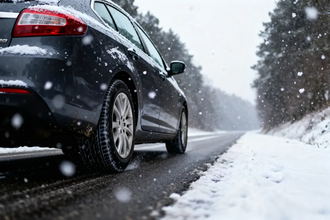 Voiture noire sur route enneigée, flocons de neige tombant, arbres en arrière-plan, ambiance hivernale.