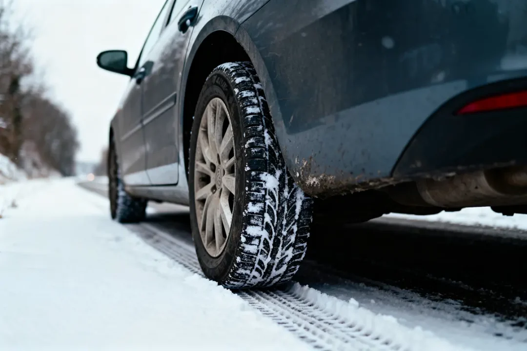 Pneu de voiture sur route enneigée, avec traces de neige et asphalte visible.