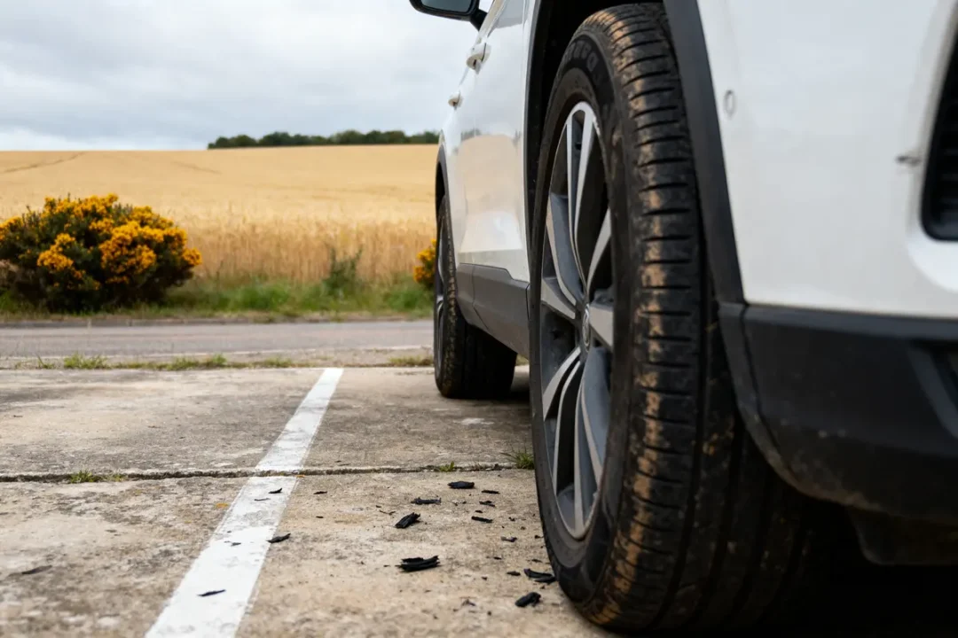 Vue rapprochée d'un pneu de voiture usé sur du goudron, champ en arrière-plan.