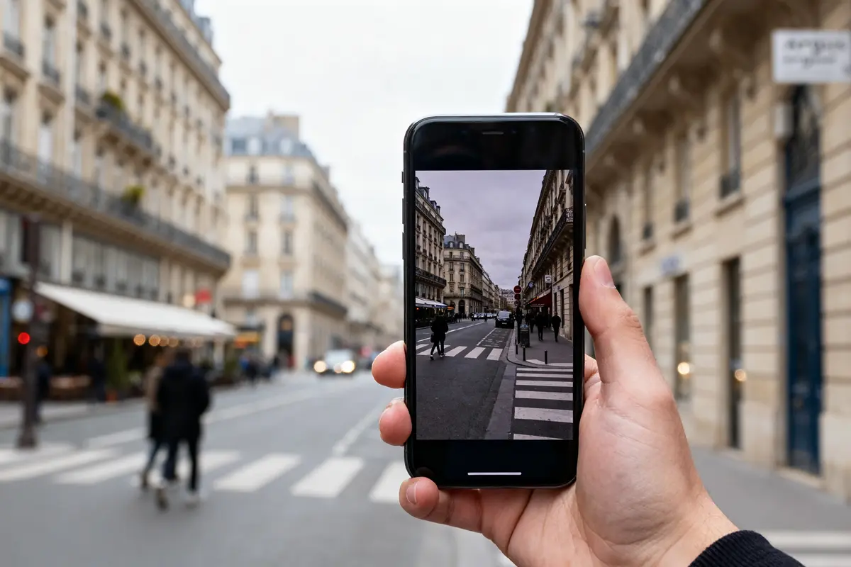 Main photographiant une rue parisienne pour l'argus gratuit en réalité augmentée