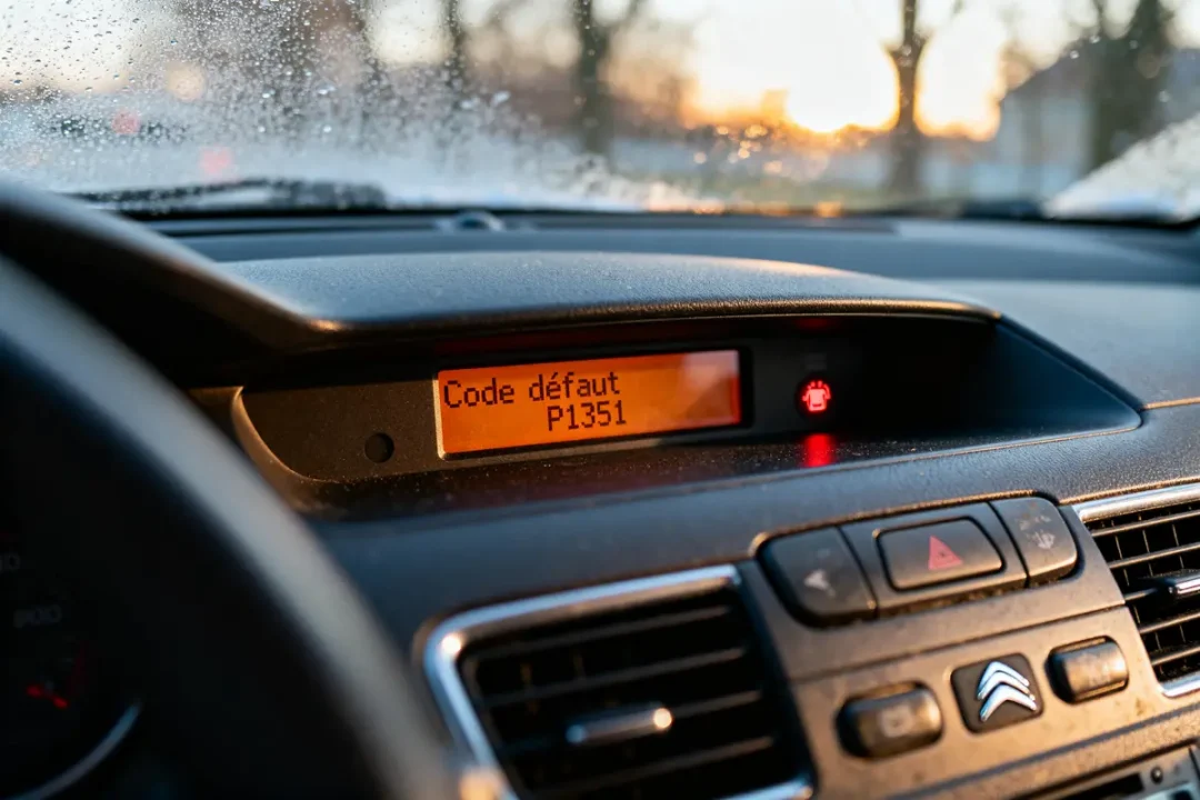 Écran d'une voiture affichant le code défaut Citroën P1351 avec témoin lumineux rouge