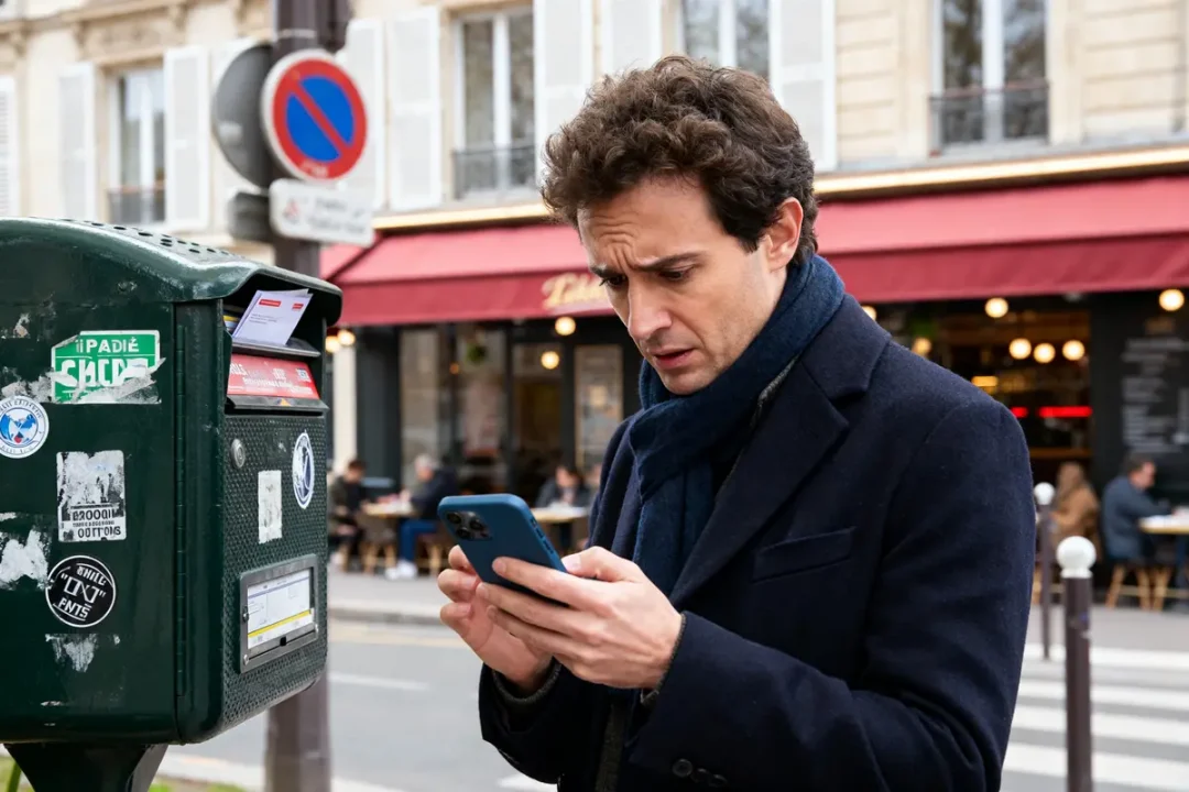 Homme préoccupé regarde son téléphone pour savoir comment savoir si on a une amende