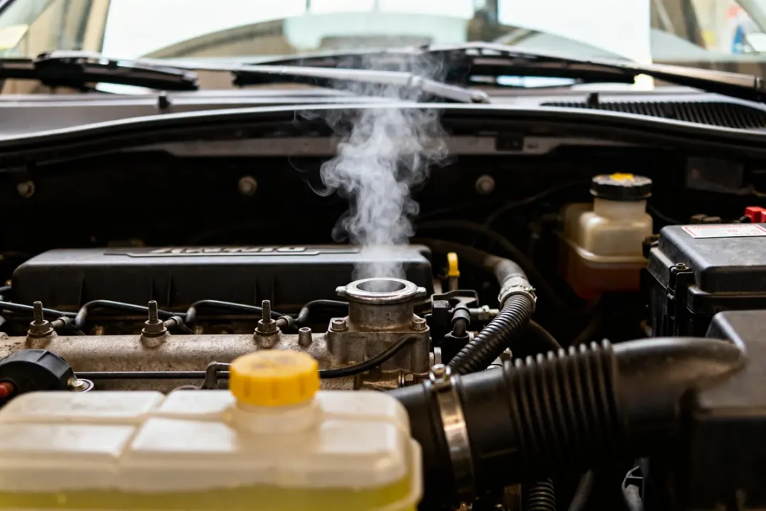 Moteur surchauffé avec vapeur de liquide de refroidissement qui remonte sous le capot ouvert