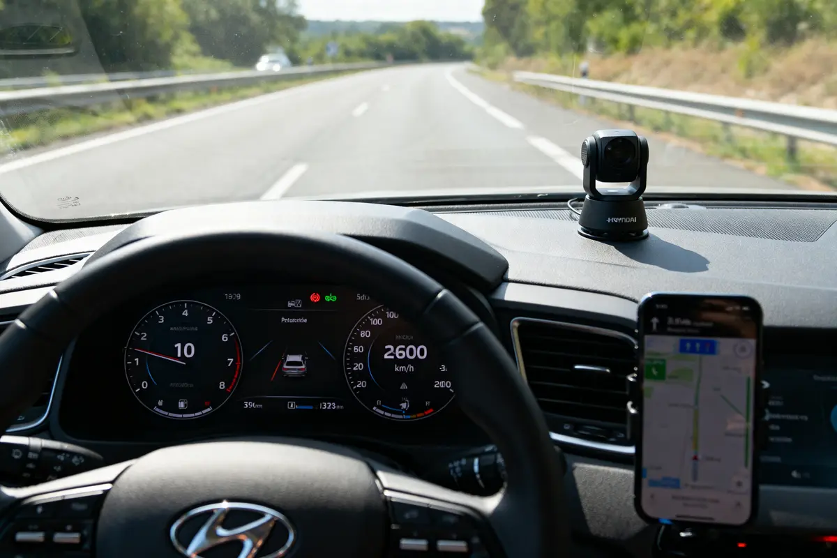 Vue intérieure de voiture Hyundai avec régulateur intelligent sur Tucson hybride en conduite autonome